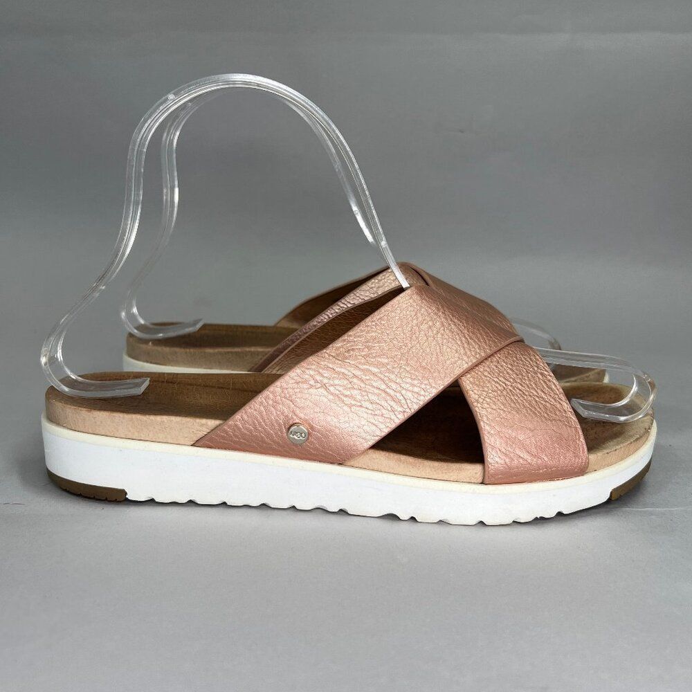 UGG Kari Sandals Women's Size 6 Rose Gold Metallic Leather Criss Cross Slides
